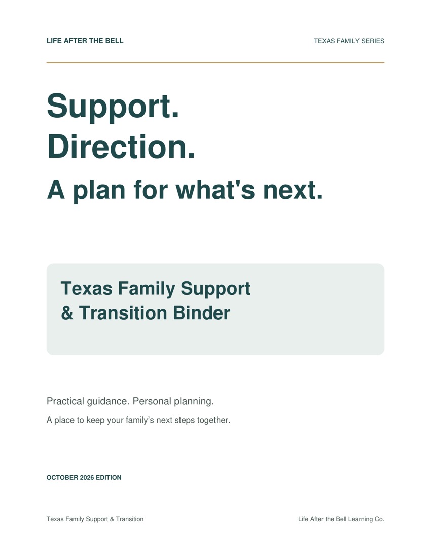 White Texas Family Support and Transition Binder cover with deep-green lettering and a sage title panel